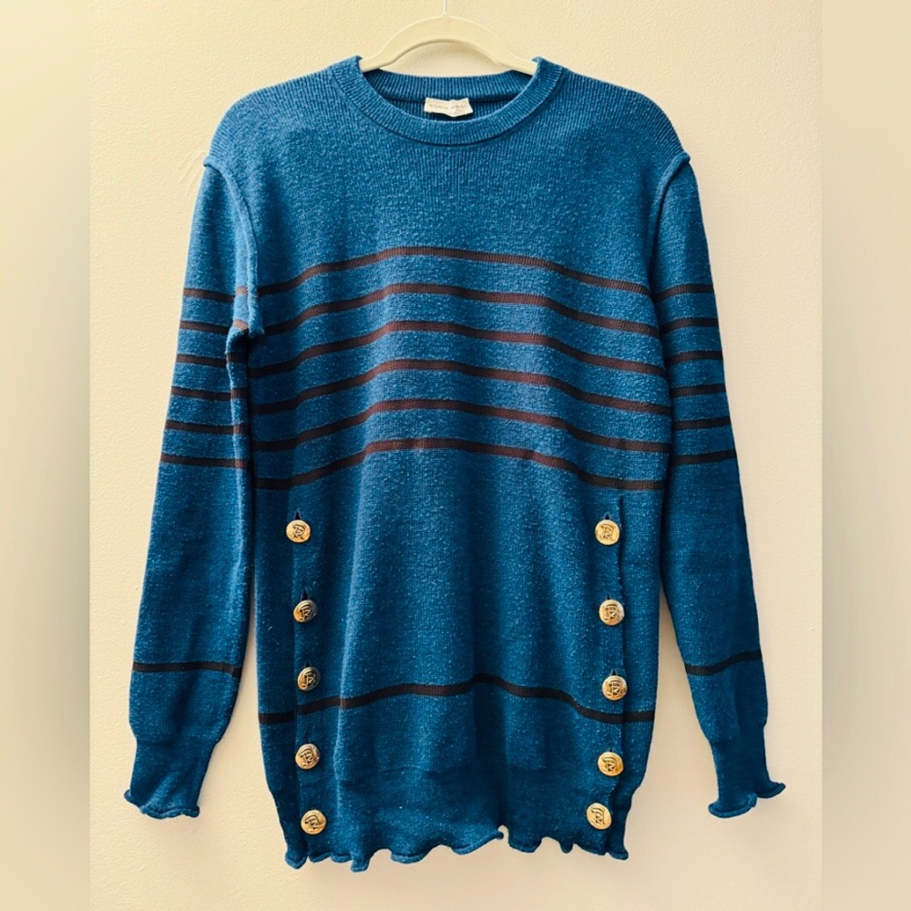 ❤️ SONIA RYKIEL ❤️ LUXURY BLUE STRIPED SWEATER AND GOLD BUTTON ACCENTS (NWOT) . - Picture 1 of 7